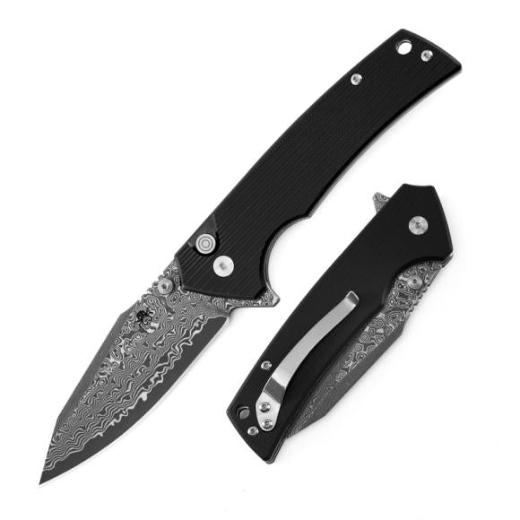 Klaken Riven, folding knife, Damascus, G10, button lock, J313-BK