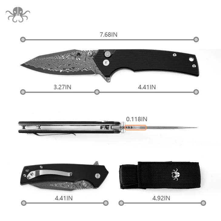 Klaken Riven, folding knife, Damascus, G10, button lock, J313-BK
